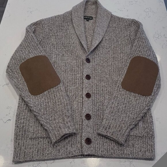 ORVIS Wool Cable Knit Oatmeal Elbow Patch Shawl Collar Button Cardigan Medium M - Picture 1 of 9